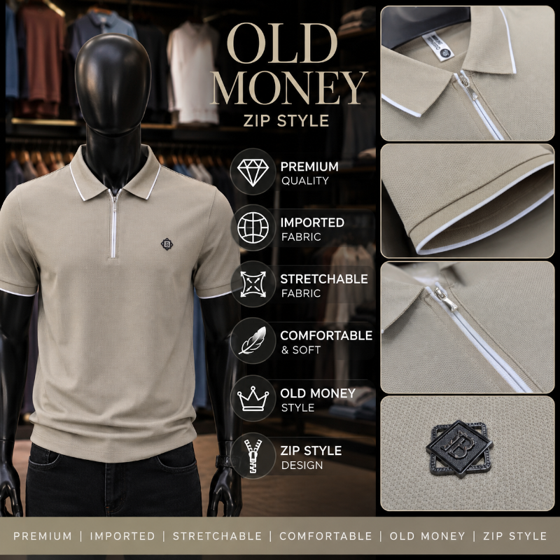 A beige short-sleeve polo shirt with a half-zip collar displayed on a black mannequin, with close-up inset panels showing the collar, fabric, zipper, and a small chest emblem. Text on the image reads 'OLD MONEY ZIP STYLE' and lists premium quality, imported fabric, stretchable fabric, comfortable & soft, and zip style design.