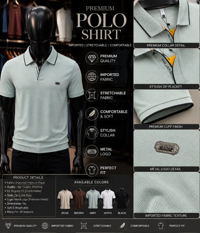 A promotional collage for a premium polo shirt displayed on a black mannequin, with close-up detail panels on the right and feature callouts in the center. The shirt is light green with a small dark embroidered chest logo.