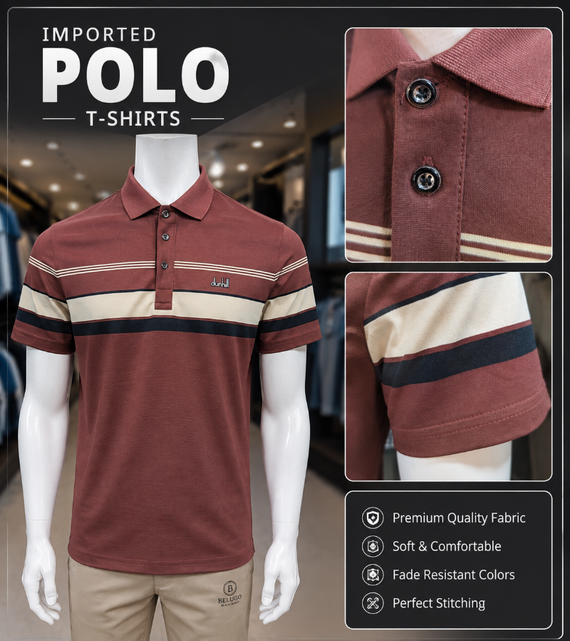 A men's short-sleeve polo shirt in a muted burgundy color with horizontal cream and navy stripes across the chest and sleeve, displayed on a white mannequin. The image includes two detail inset boxes showing the collar buttons and the sleeve cuff, along with text overlays reading 'IMPORTED POLO T-SHIRTS' and product feature callouts.