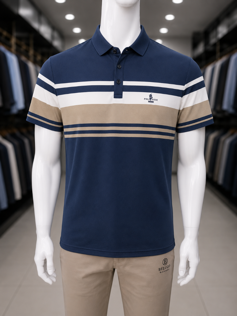 A navy blue short-sleeve polo shirt with beige and white horizontal stripes across the chest and shoulders.