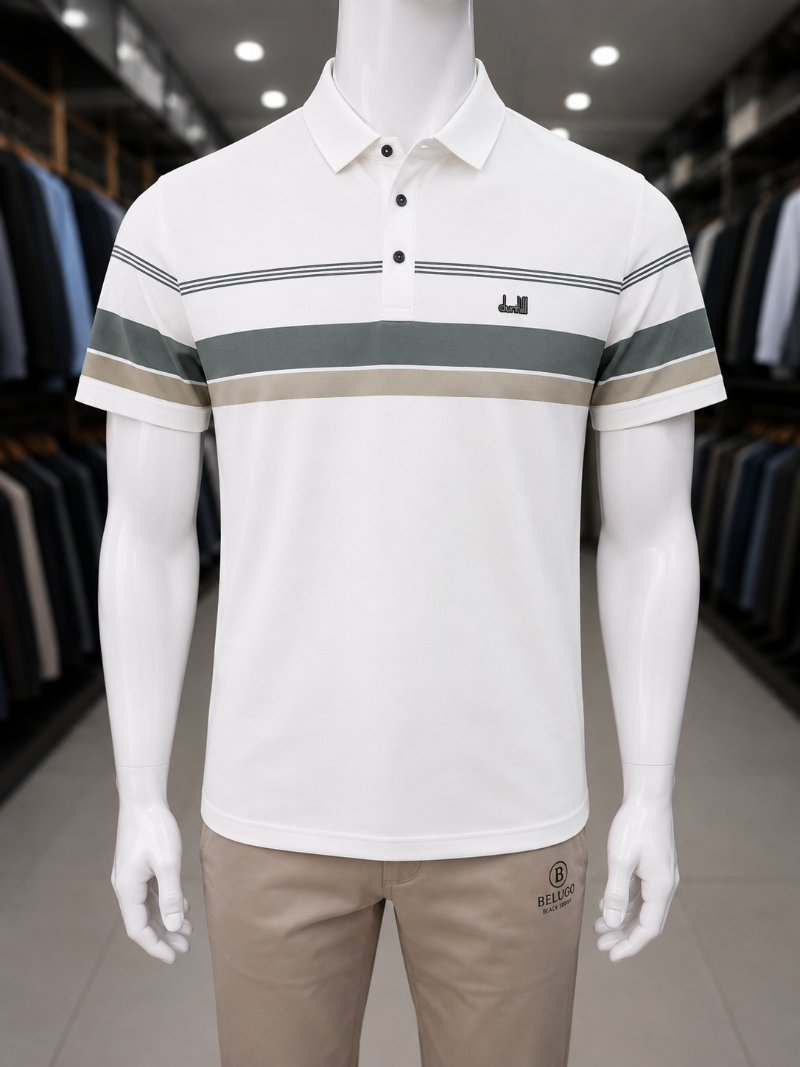 A white short-sleeve polo shirt with horizontal stripes in olive green and beige.