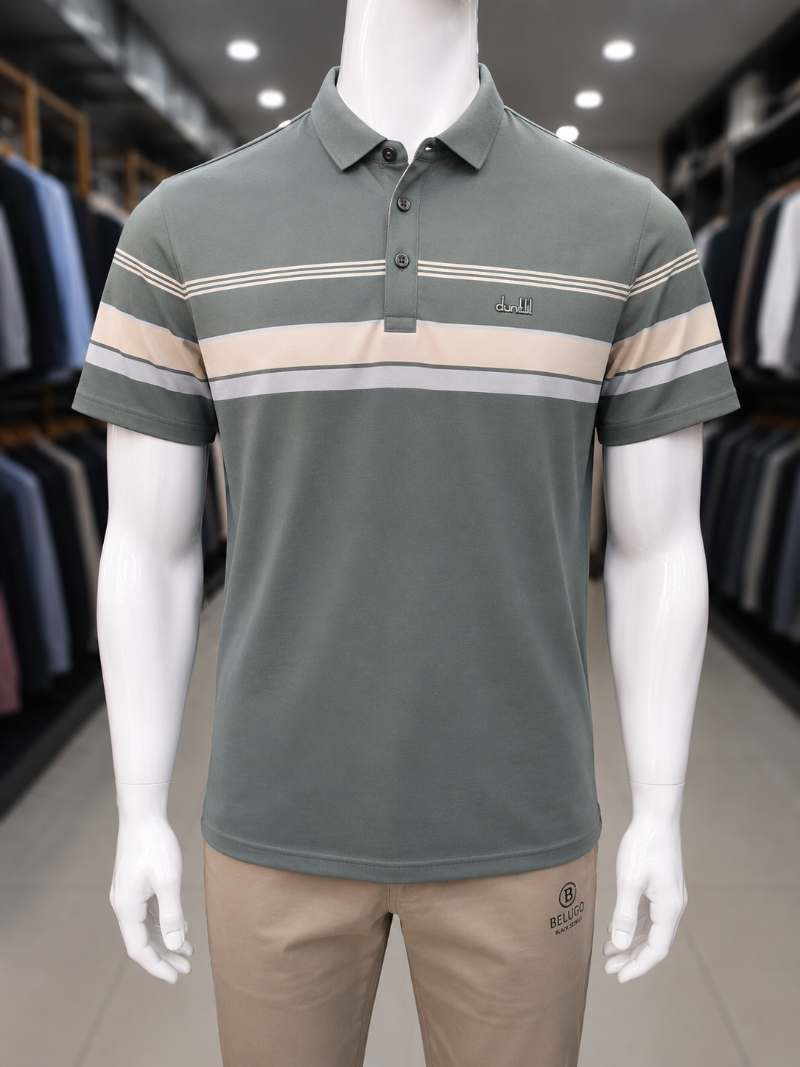 A men's short-sleeve polo shirt in a muted sage green, featuring horizontal stripes in beige and light gray across the chest and sleeves.