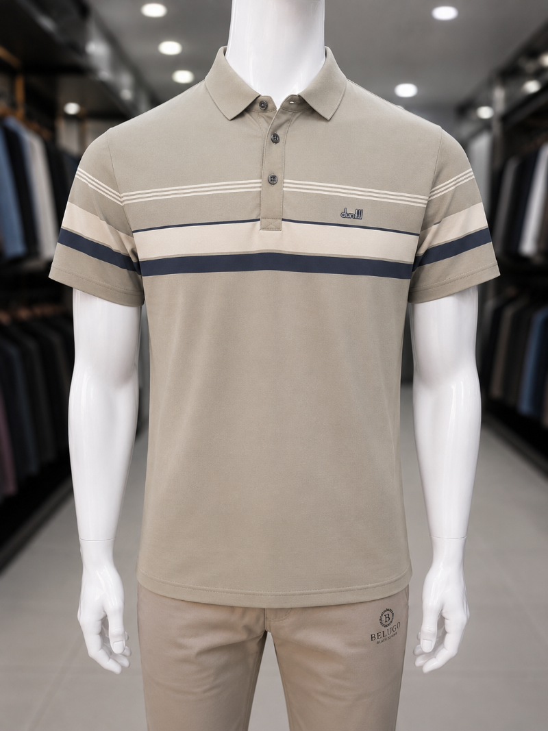A beige short-sleeve polo shirt with horizontal navy and cream stripes across the chest and sleeves.