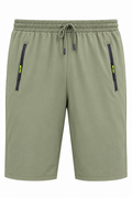 Olive green shorts with an elastic drawstring waist, zippered side pockets, and perforated detailing near the lower legs.