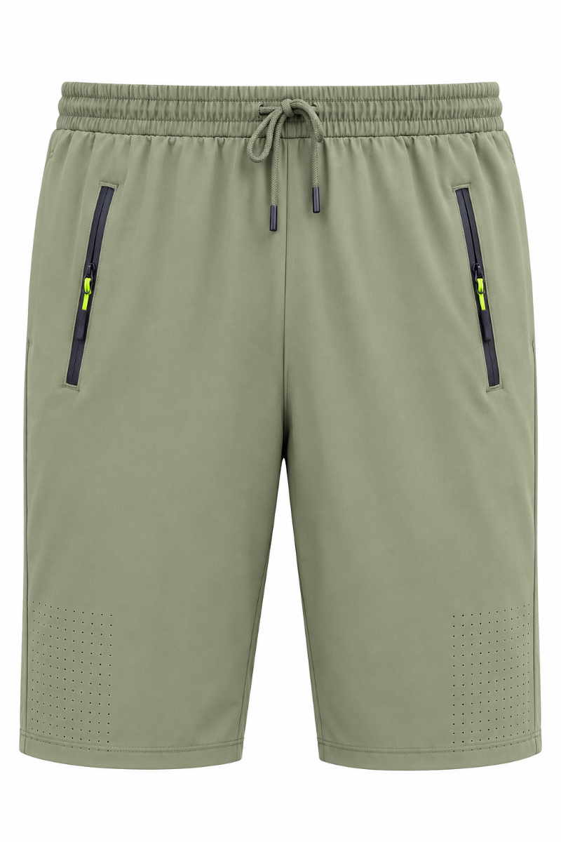Olive green shorts with an elastic drawstring waist, zippered side pockets, and perforated detailing near the lower legs.