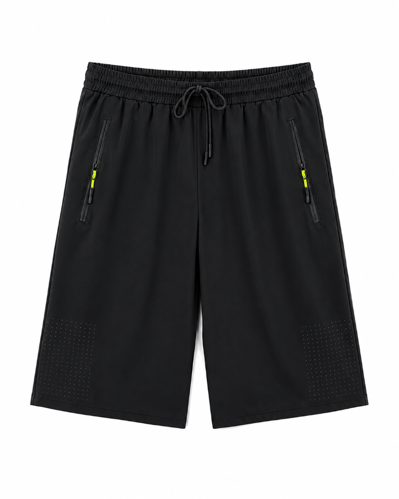 Pure Black 100% China Imporetd shorts with an elastic drawstring waist, zippered side pockets, and perforated detailing near the lower legs.