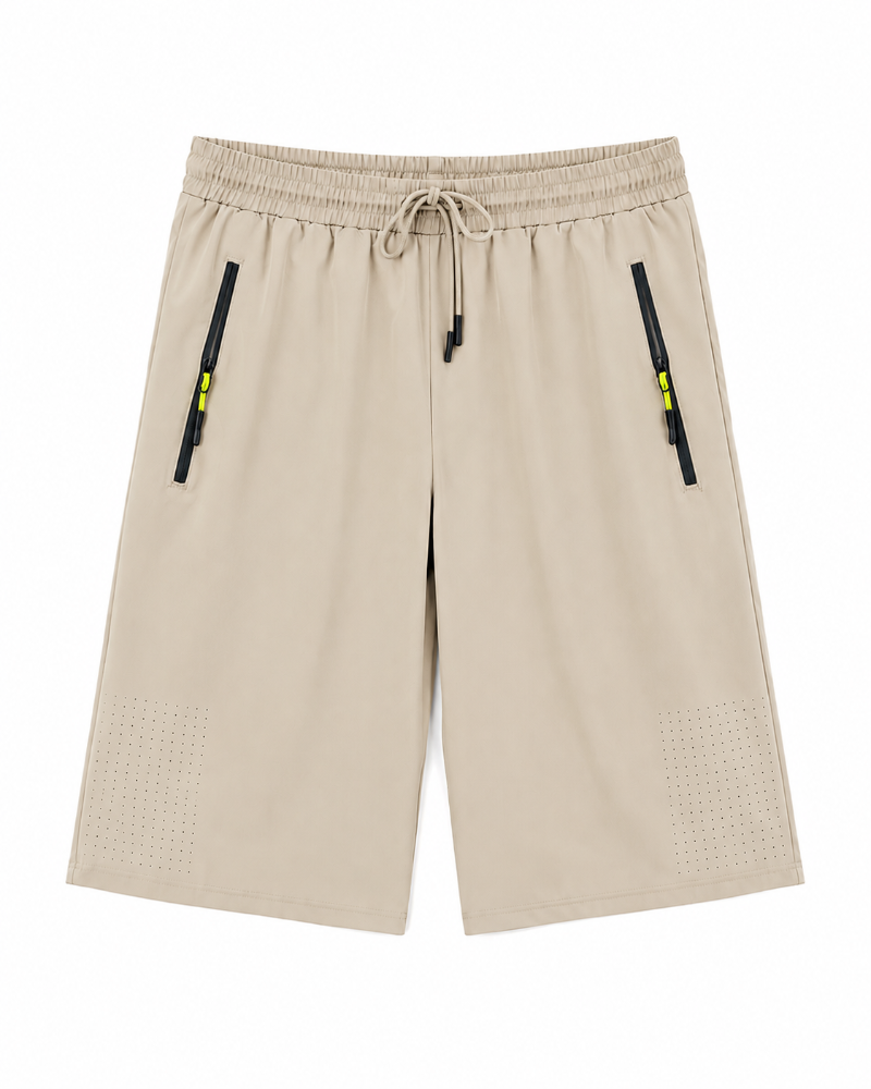 Biege Colour  100% China Imporetd shorts with an elastic drawstring waist, zippered side pockets, and perforated detailing near the lower legs.