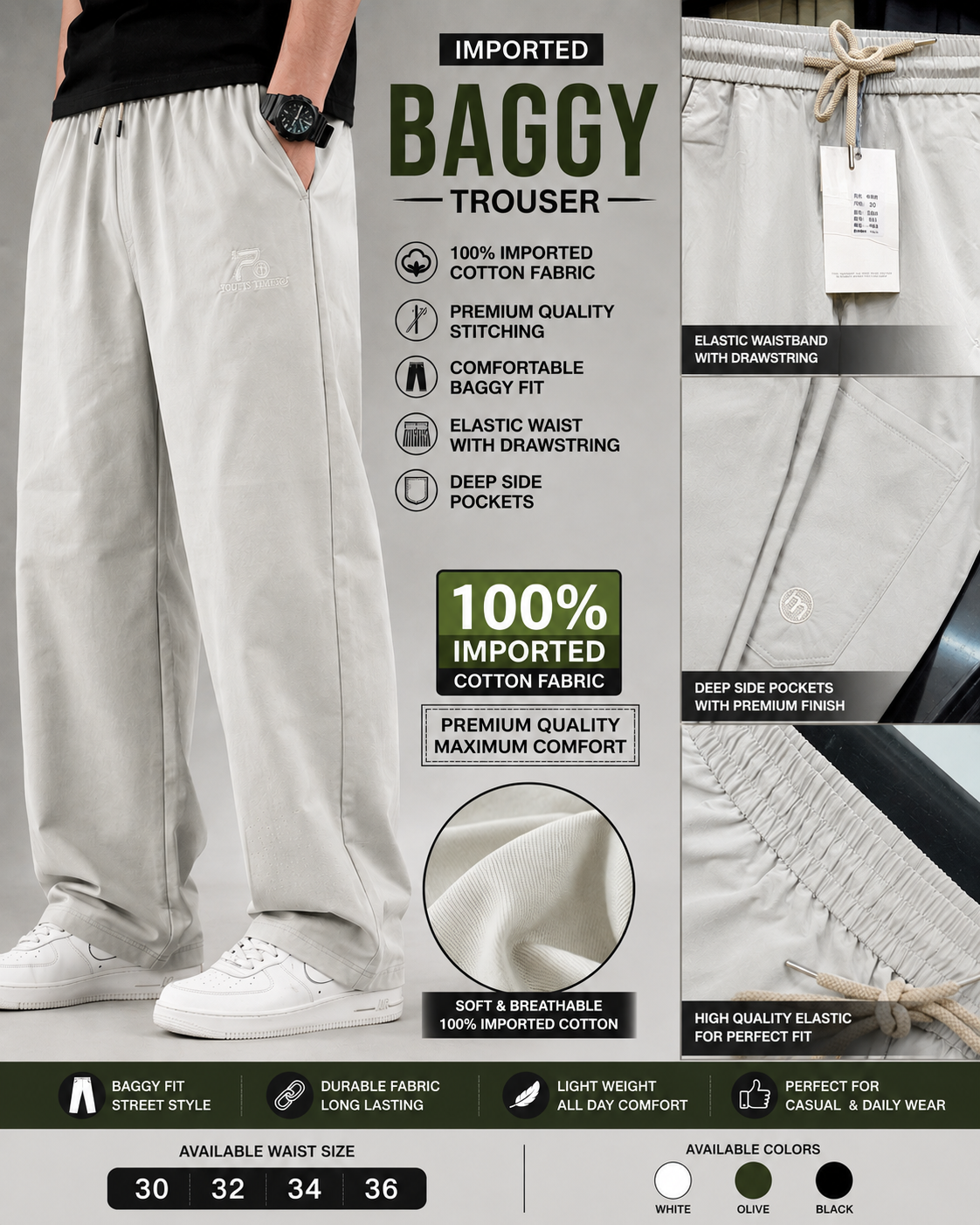 Baggy Trouser 100% imported cotton fabric, premium quality stitching, and deep side pockets in Off White Colours.