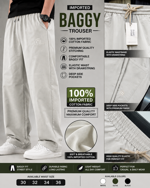 Baggy Trouser 100% imported cotton fabric, premium quality stitching, and deep side pockets in Off White Colours.