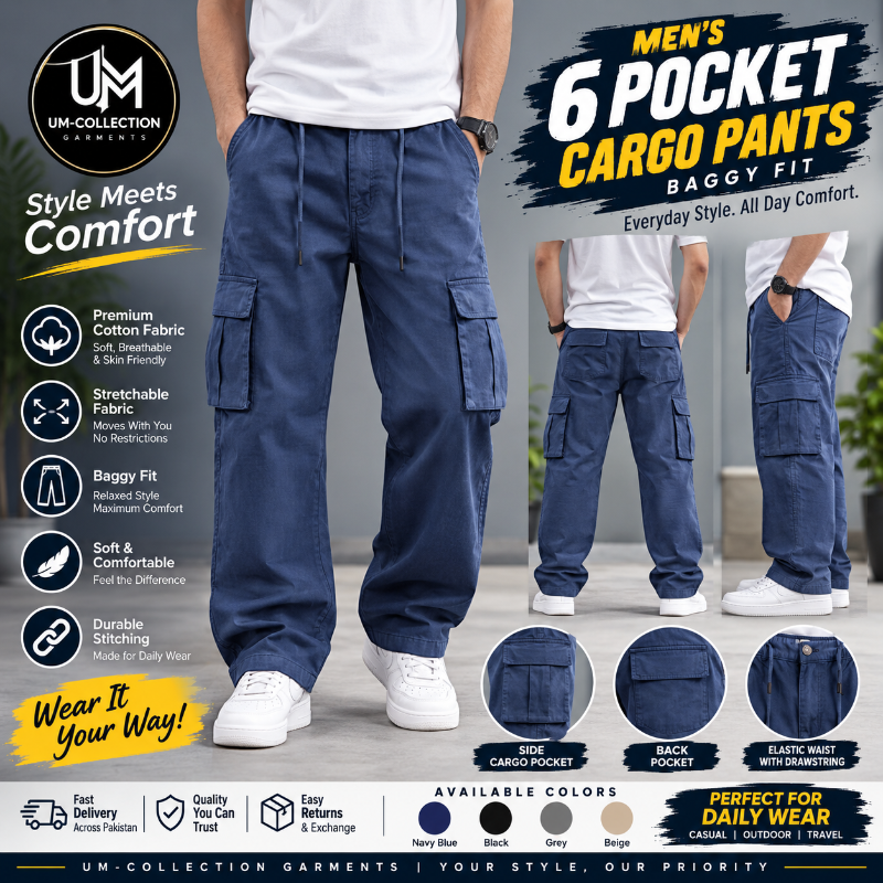 A promotional product image for men's cargo pants showing a model from the waist down wearing navy blue 6-pocket cargo pants with white sneakers. The image includes multiple views, feature callouts, color options, and branding for UM Collection Garments.