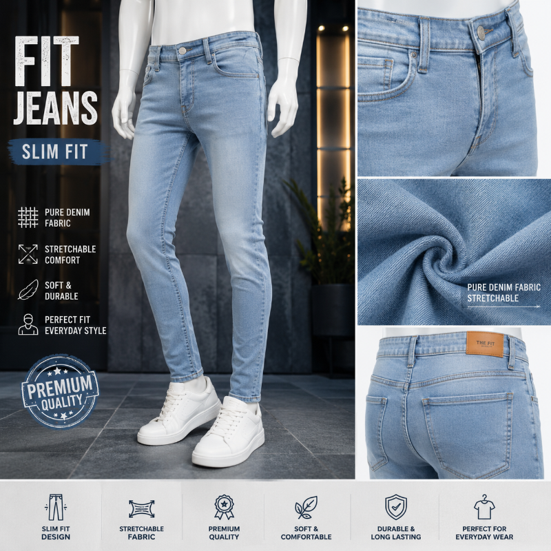 Light blue slim-fit denim jeans shown on a mannequin, with close-up inset views of the front pocket, fabric stretch, and back pocket. Text on the left reads 'FIT JEANS SLIM FIT' and includes feature callouts like pure denim fabric and stretchable comfort.