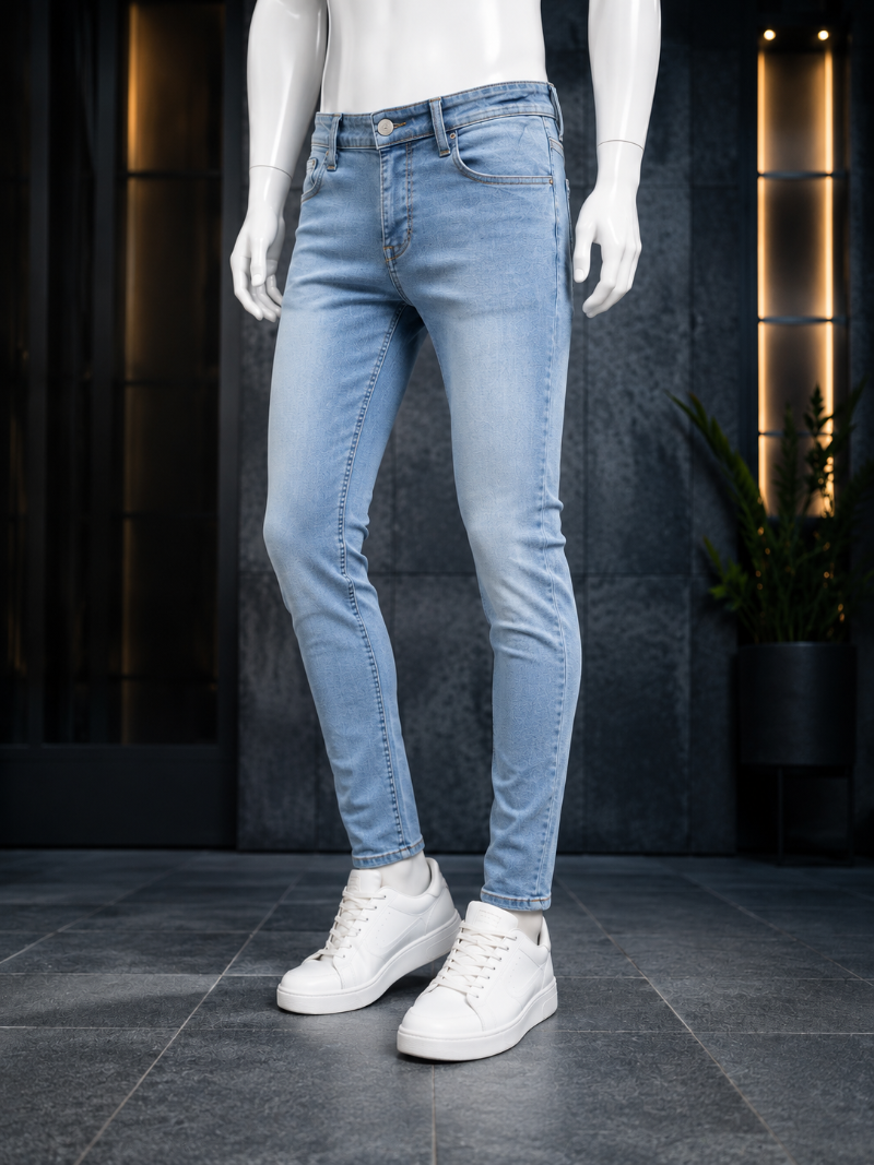 Light blue Regular-fit denim jeans worn by a mannequin, paired with white sneakers, 