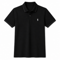 A black short-sleeve polo shirt with a small white embroidered polo player logo on the left chest .