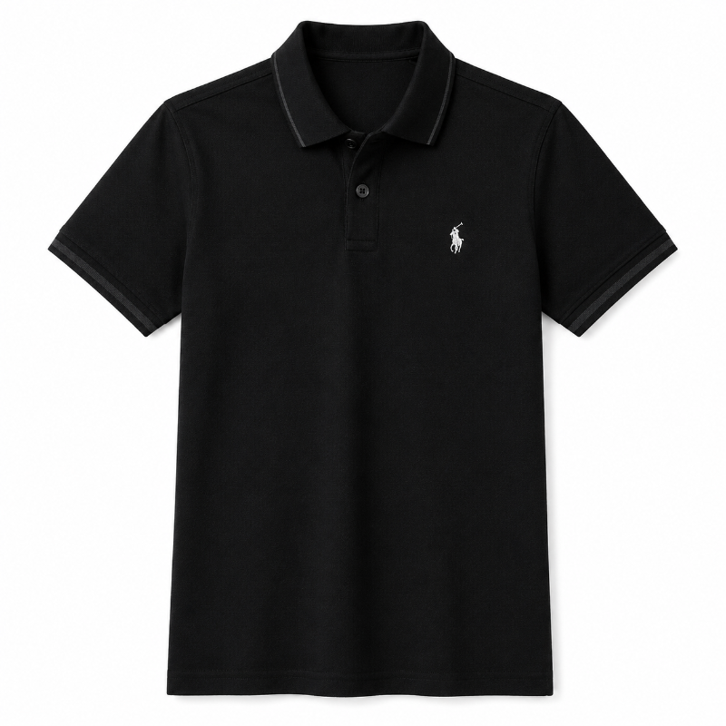 A black short-sleeve polo shirt with a small white embroidered polo player logo on the left chest .