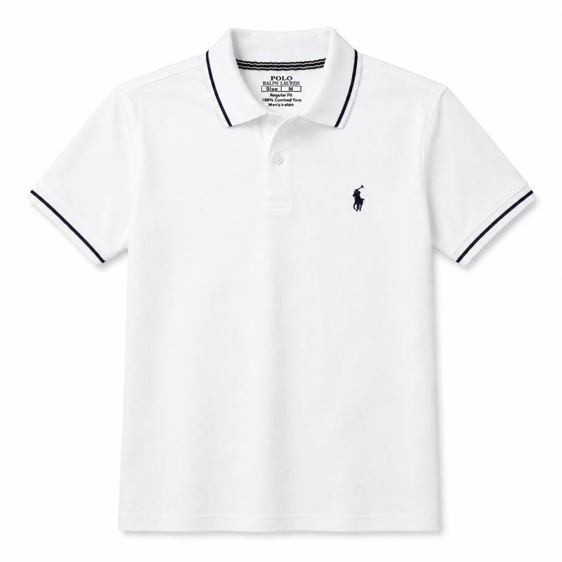 A white short-sleeve polo shirt by Polo Ralph Lauren, featuring a classic collar with dark navy blue piping, a two-button placket, and the signature embroidered polo pony logo on the left chest.