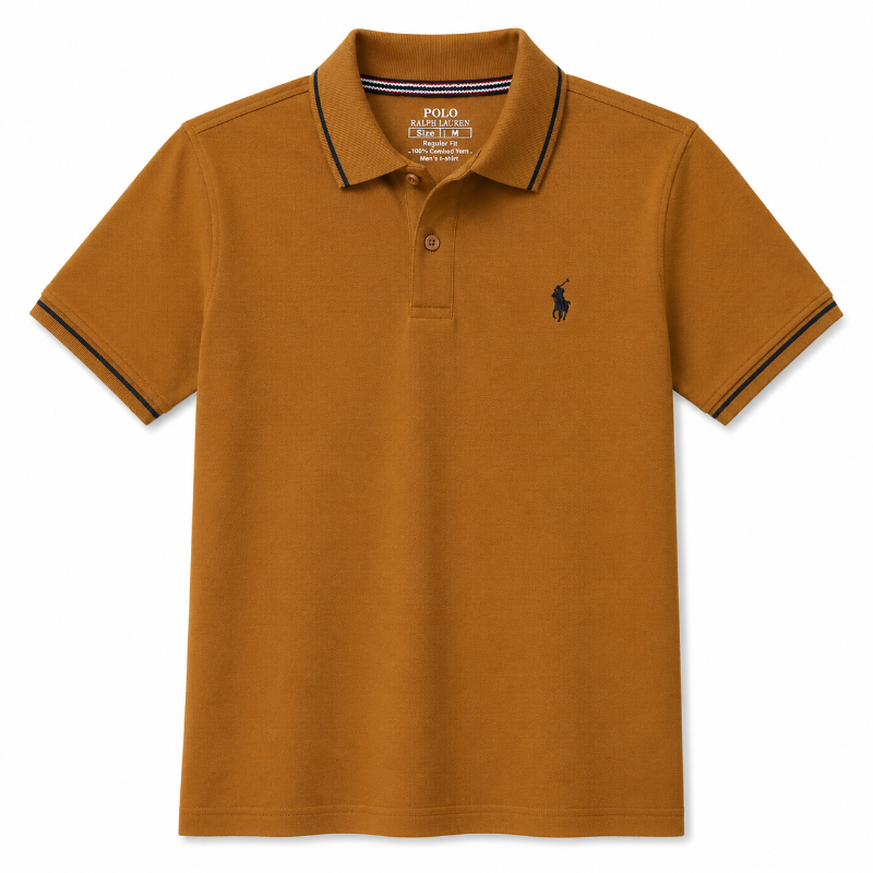 A classic short-sleeve polo shirt in a warm camel brown color, featuring a small embroidered black Polo Ralph Lauren pony logo on the left chest. The shirt has a two-tone striped collar and sleeve cuffs in black, white, and blue.