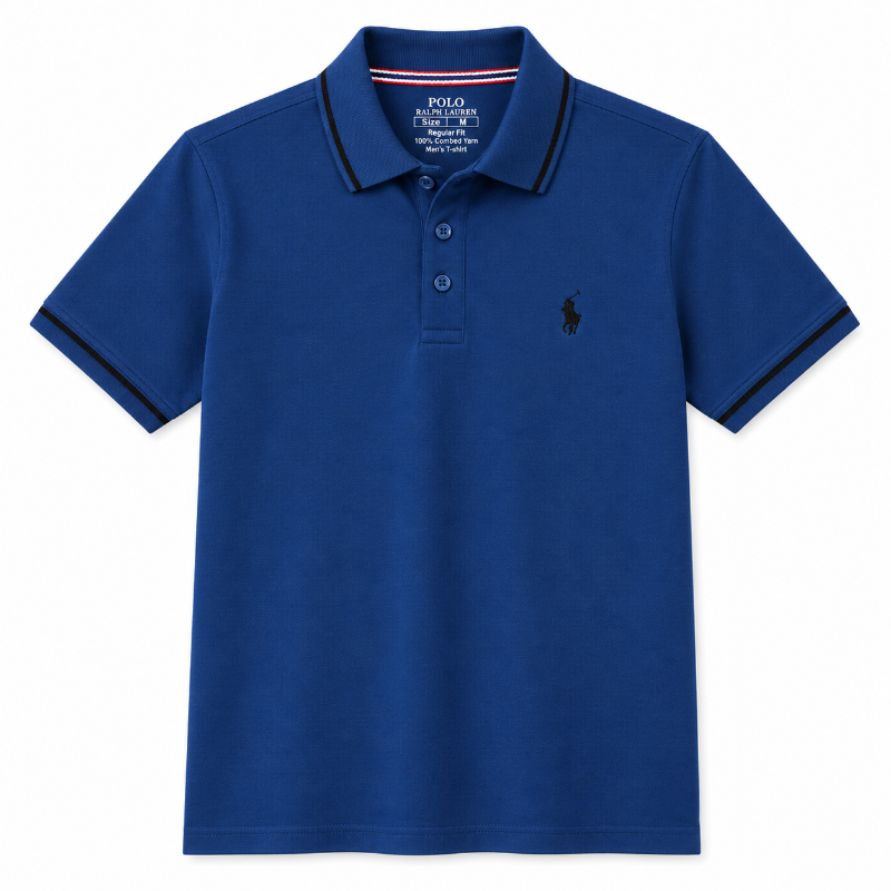 A classic blue short-sleeve polo shirt by Polo Ralph Lauren, featuring a three-button placket, the signature embroidered polo logo on the left chest, and striped trim on the collar and sleeve cuffs.
