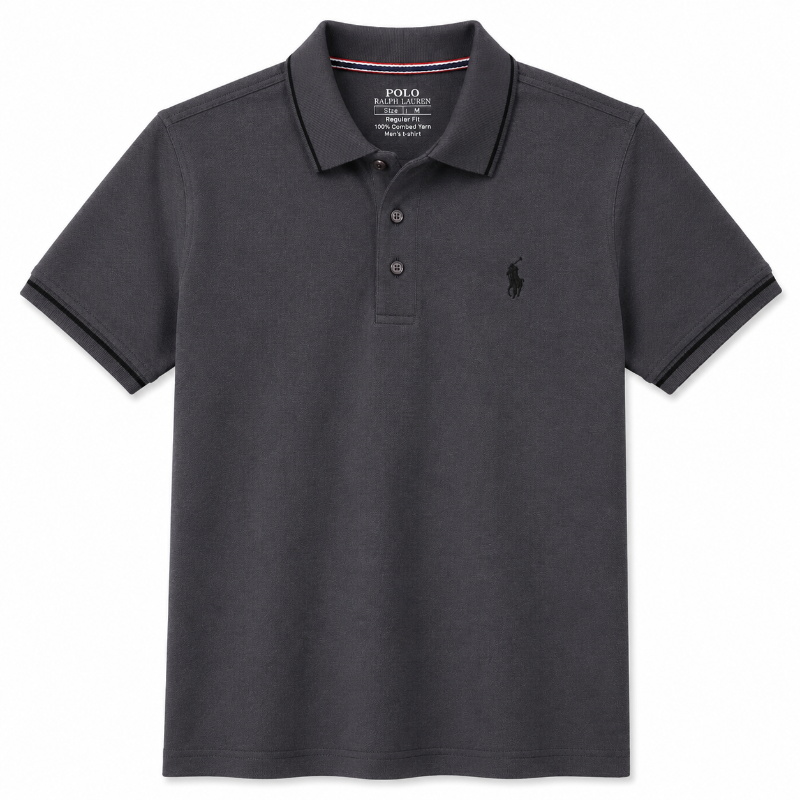 A dark gray polo shirt by Polo Ralph Lauren, featuring a classic collar, three-button placket, and the signature embroidered polo player logo on the left chest.