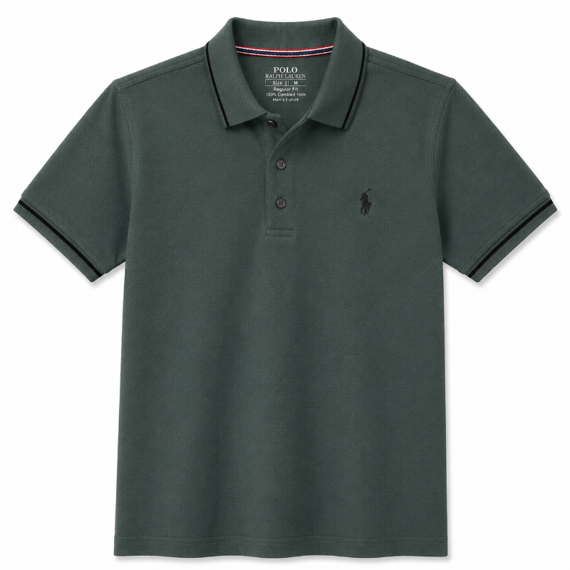 A dark green Polo Ralph Lauren short-sleeve polo shirt with black trim on the collar and sleeve cuffs, featuring the signature embroidered pony logo on the left chest.