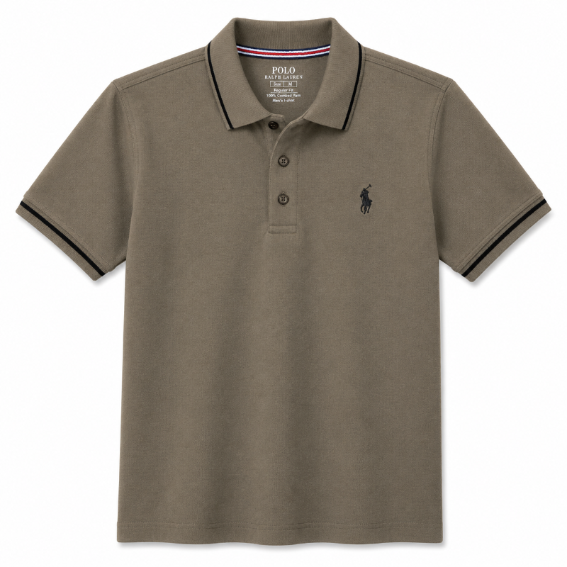 A classic short-sleeve polo shirt in taupe brown, featuring black contrast piping on the collar and sleeve cuffs, and the signature embroidered polo player logo on the left chest. The brand 'Ralph Lauren' is visible on the inner neck label.