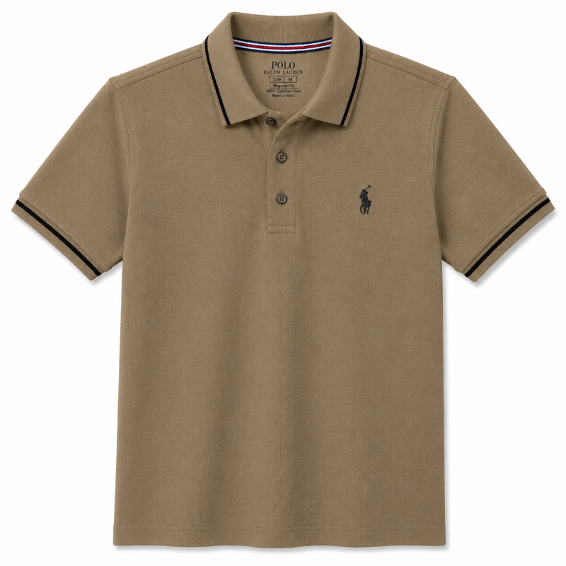 A tan Polo Ralph Lauren short-sleeve polo shirt with black contrast trim on the collar and sleeve cuffs, featuring the signature embroidered polo player logo on the left chest.