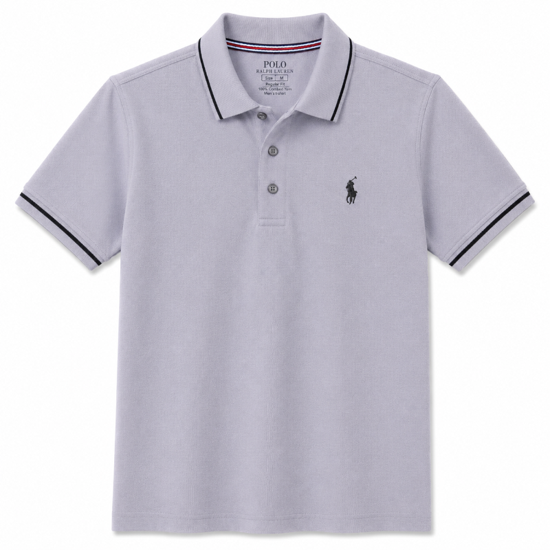A light gray Polo Ralph Lauren short-sleeve polo shirt with black striped trim on the collar and sleeve cuffs, featuring a three-button placket and the signature polo player logo on the left chest.
