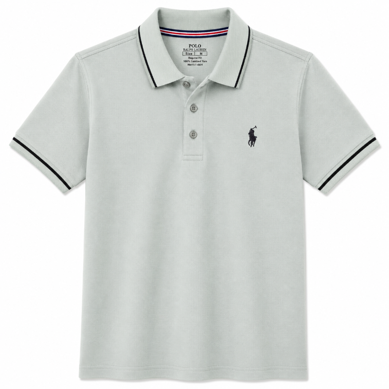 A light green Polo Ralph Lauren short-sleeve polo shirt with a three-button placket, featuring a small embroidered polo player logo on the left chest and black and white striped trim on the collar and sleeve cuffs.