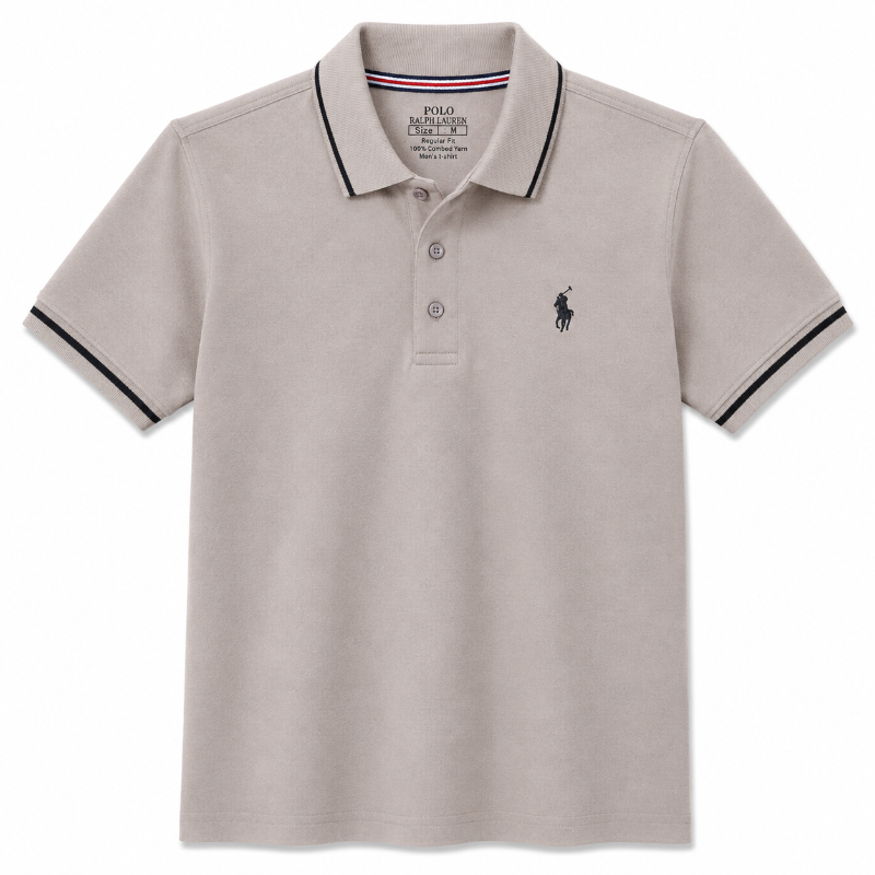 A light beige Polo Ralph Lauren short-sleeve polo shirt with a Black embroidered polo logo on the chest and Black piping on the collar and sleeve cuffs .