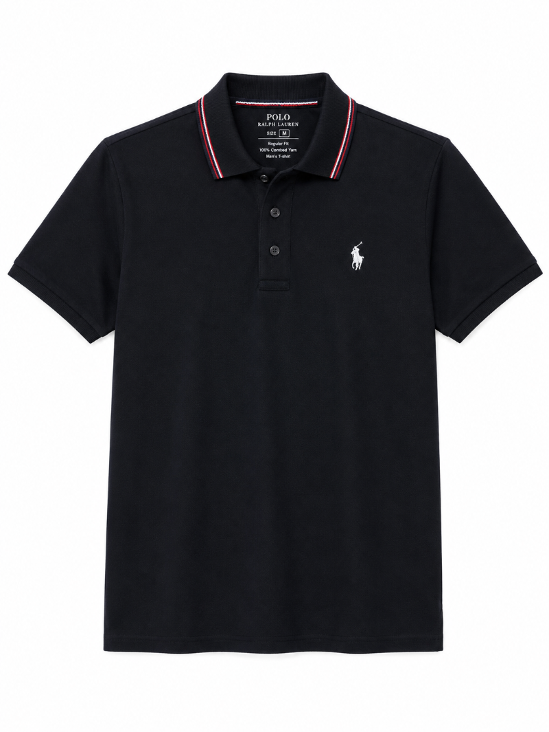 A classic black short-sleeve polo shirt by Polo Ralph Lauren, featuring a white embroidered pony logo on the left chest and a striped collar with red and white accents.