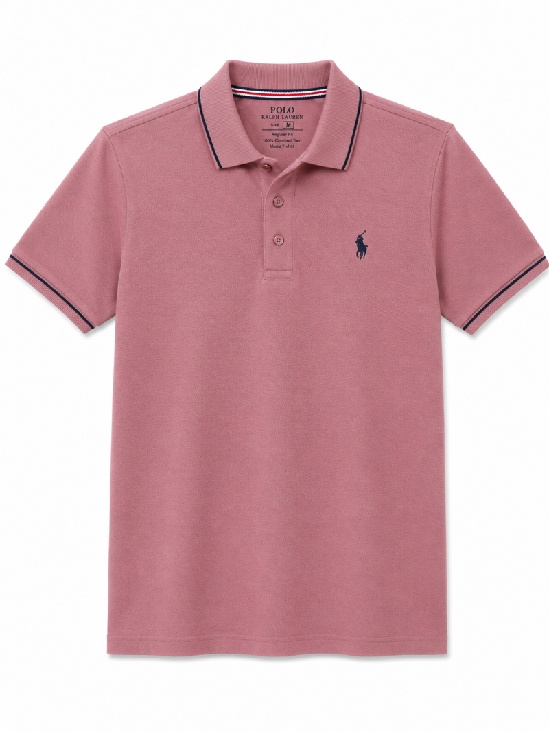 A pink short-sleeve polo shirt by Polo Ralph Lauren, featuring a Black embroidered pony logo on the left chest and navy blue and white striped trim on the collar and sleeve cuffs.