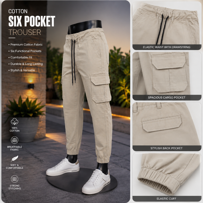 Beige six-pocket cotton trousers shown on a mannequin, with a large main product view and four detail inset panels highlighting the elastic waist, cargo pockets, back pocket, and elastic cuff.