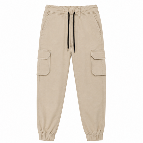 Beige cargo jogger pants with a black drawstring, elastic cuffs, and side cargo pockets.