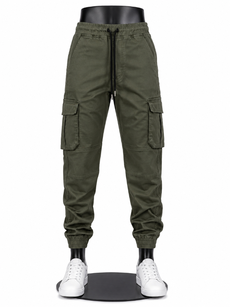 Olive green cargo jogger pants .