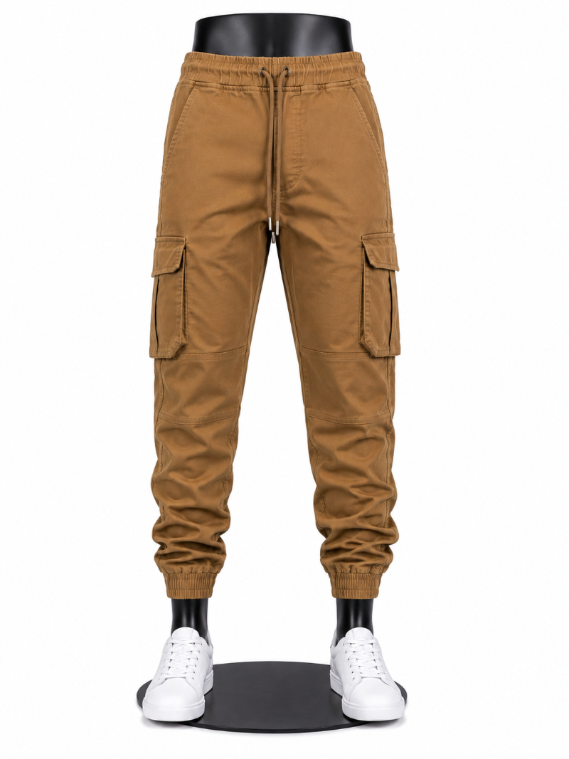 A pair of brown cargo jogger pants.