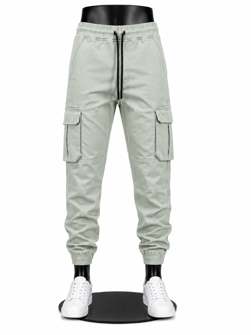 Light sage green cargo jogger pants.