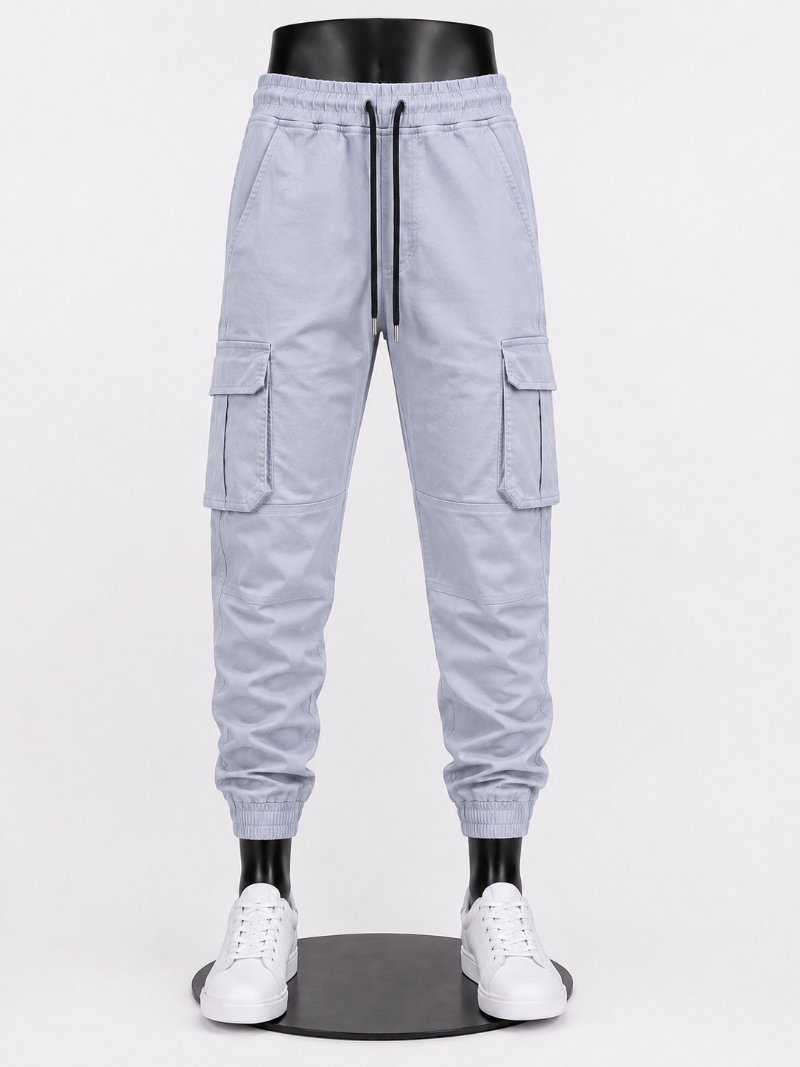 Light gray cargo jogger pants.