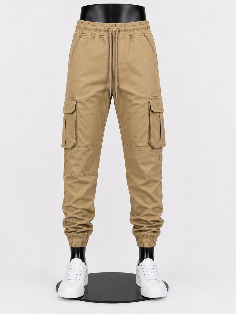 Tan cargo jogger pants.