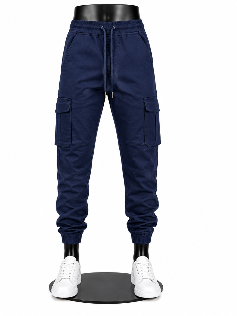Navy blue cargo jogger pants .