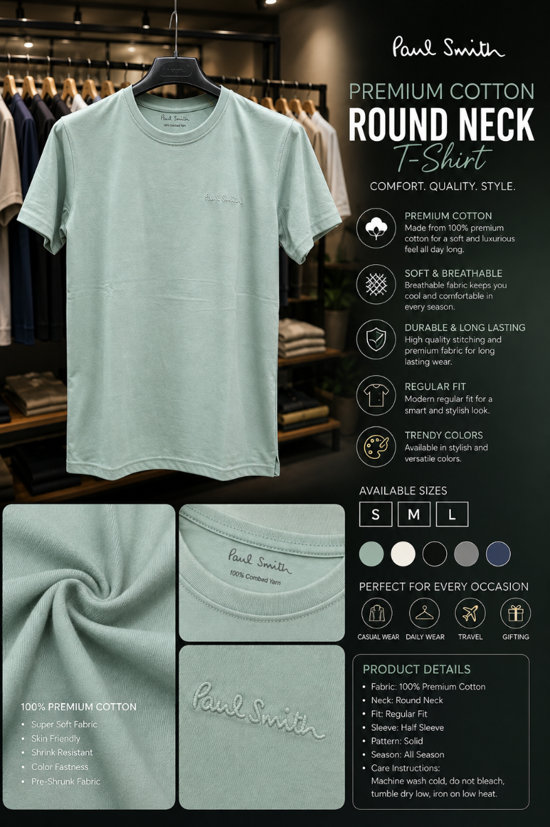 A light sage green t-shirt with 'Paul Smith' in 100% Cotton.