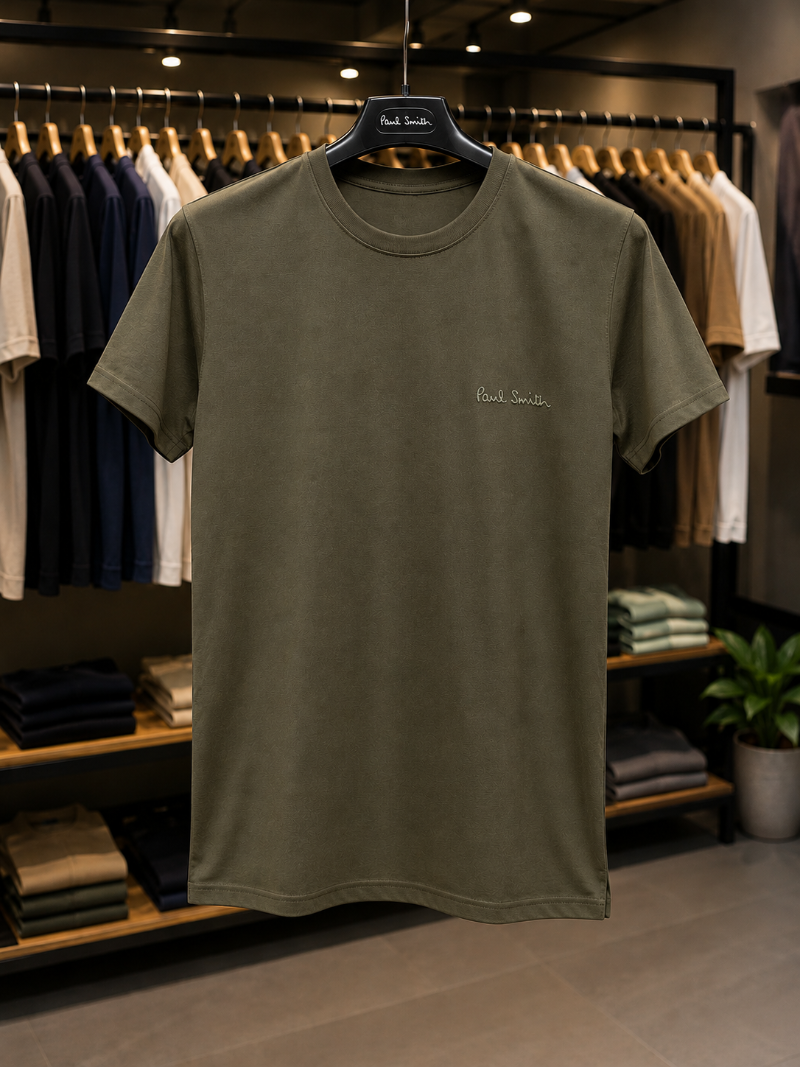 A Olive green t-shirt with 'Paul Smith' in 100% Cotton.