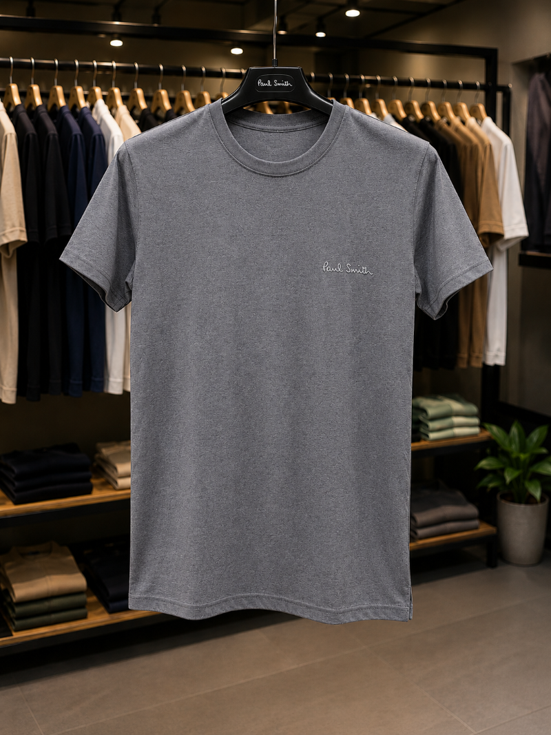 A light Gray t-shirt with 'Paul Smith' in 100% Cotton.