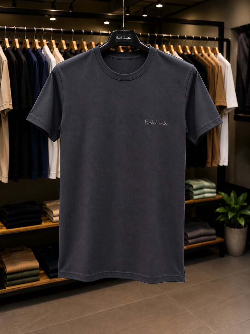 A Dark Charcoal Gray t-shirt with 'Paul Smith' in 100% Cotton.
