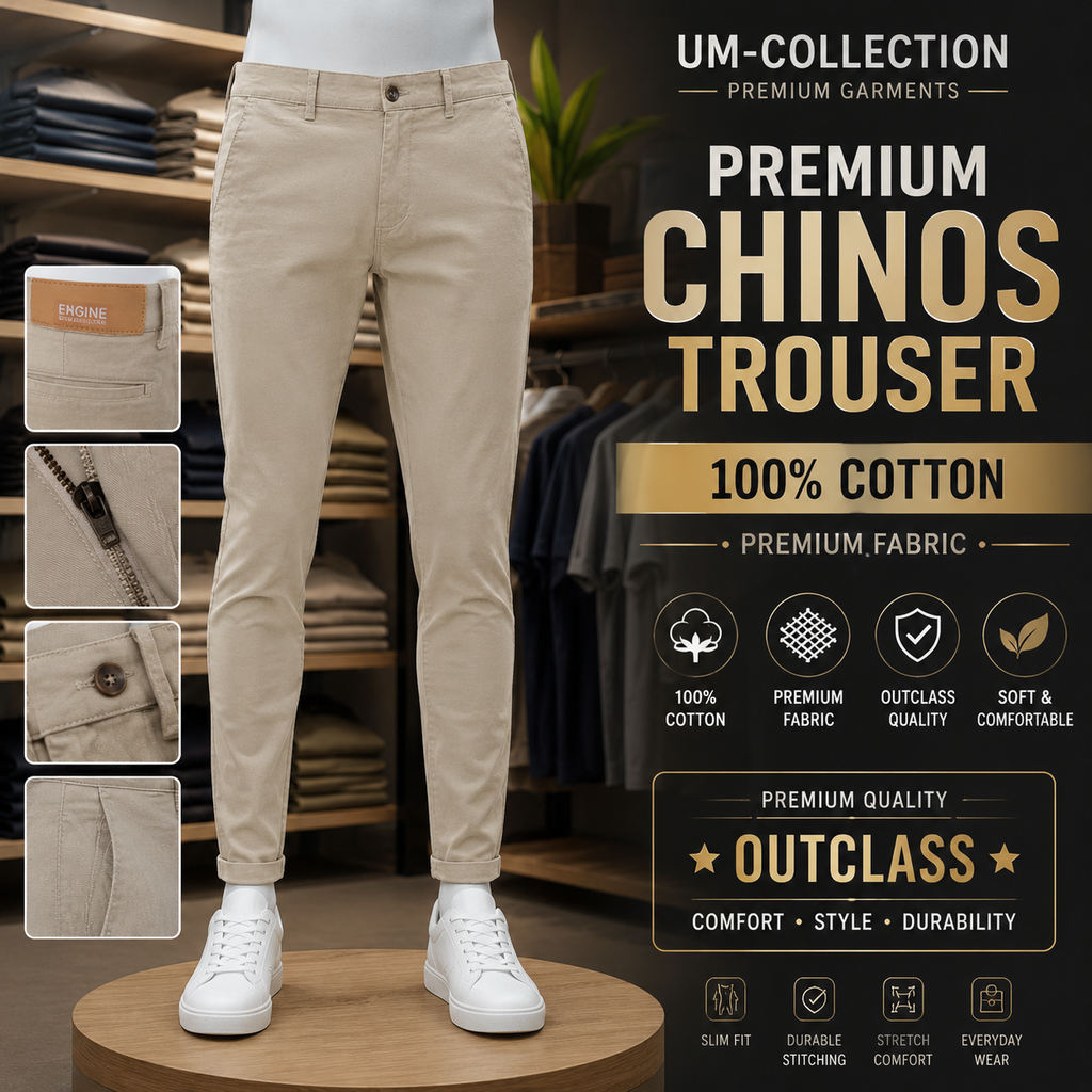 'UM-COLLECTION PREMIUM GARMENTS' and 'PREMIUM CHINOS TROUSER', plus feature icons for 100% cotton, premium fabric, and soft comfort.