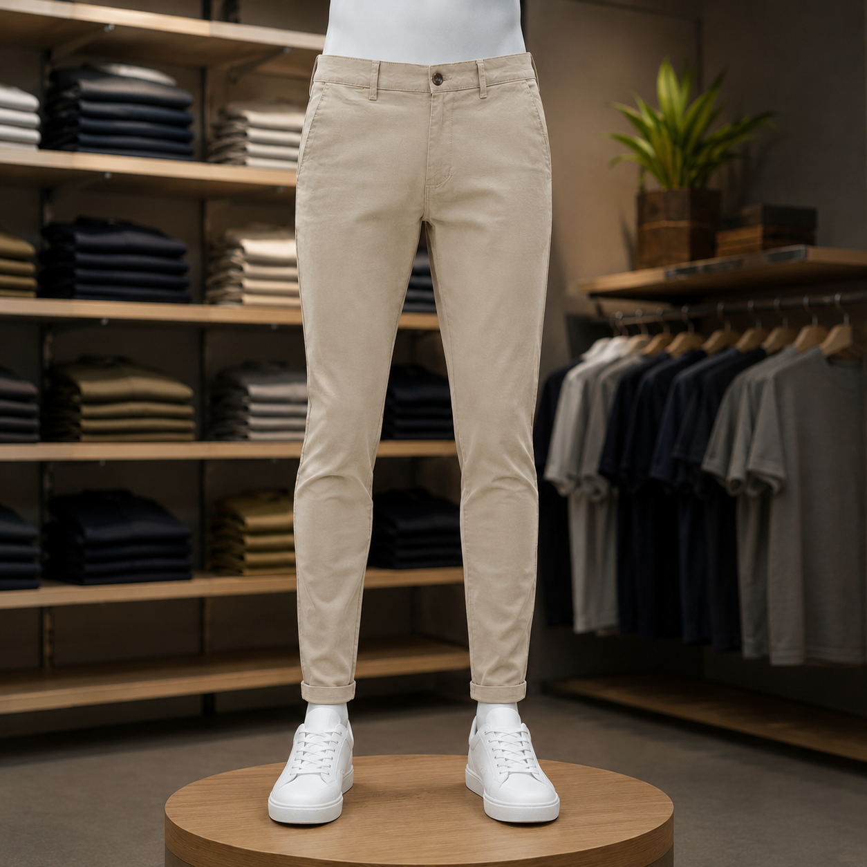 'UM-COLLECTION PREMIUM GARMENTS' and 'PREMIUM Cotton CHINOS Pents in Biege Colour 100% cotton, premium fabric, and soft comfort.