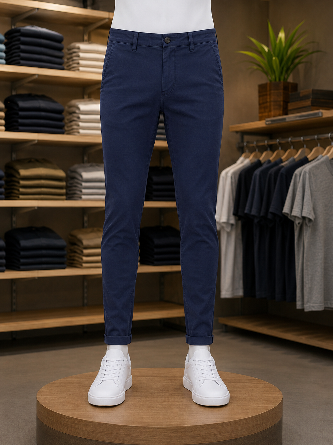 'UM-COLLECTION PREMIUM GARMENTS' and 'PREMIUM Cotton CHINOS Pents in Neavy Blue Colour 100% cotton, premium fabric, and soft comfort.