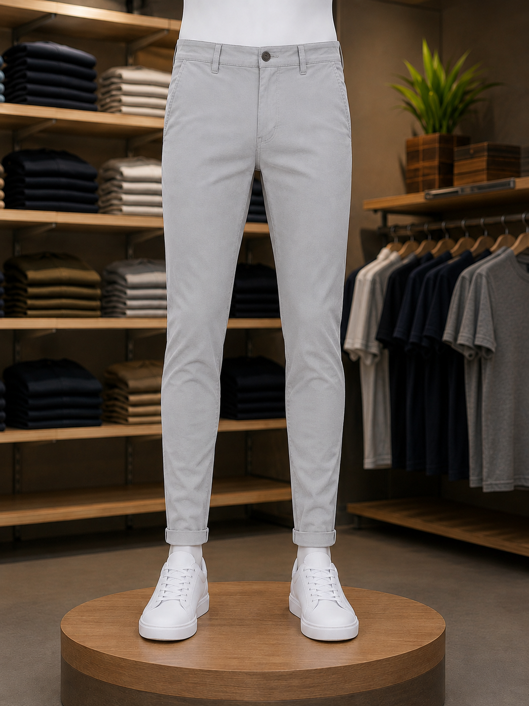 'UM-COLLECTION PREMIUM GARMENTS' and 'PREMIUM Cotton CHINOS Pents in Silver Gray Colour 100% cotton, premium fabric, and soft comfort.