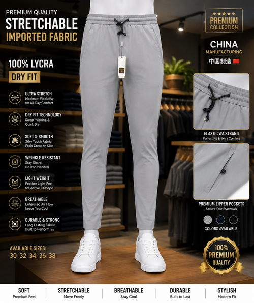 A light gray stretchable lycra Trouser, 100% lyra dry fit, elastic waistband, premium zipper pockets, and stretchable fabric.
