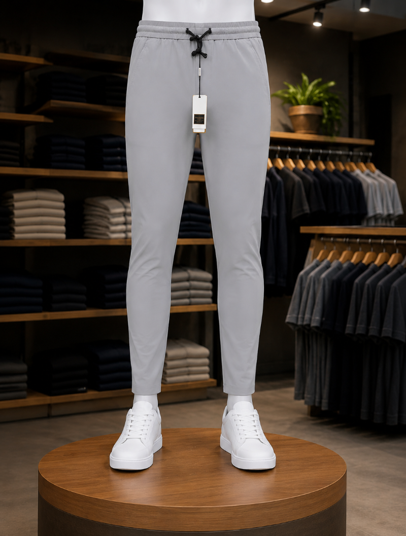 A light gray stretchable lycra Trouser, 100% lyra dry fit, elastic waistband, premium zipper pockets, and stretchable fabric.
