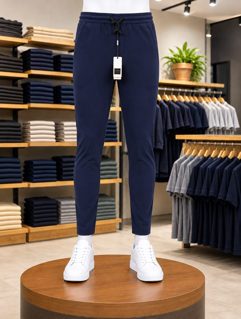 A Neavy Blue stretchable lycra Trouser, 100% lyra dry fit, elastic waistband, premium zipper pockets, and stretchable fabric.