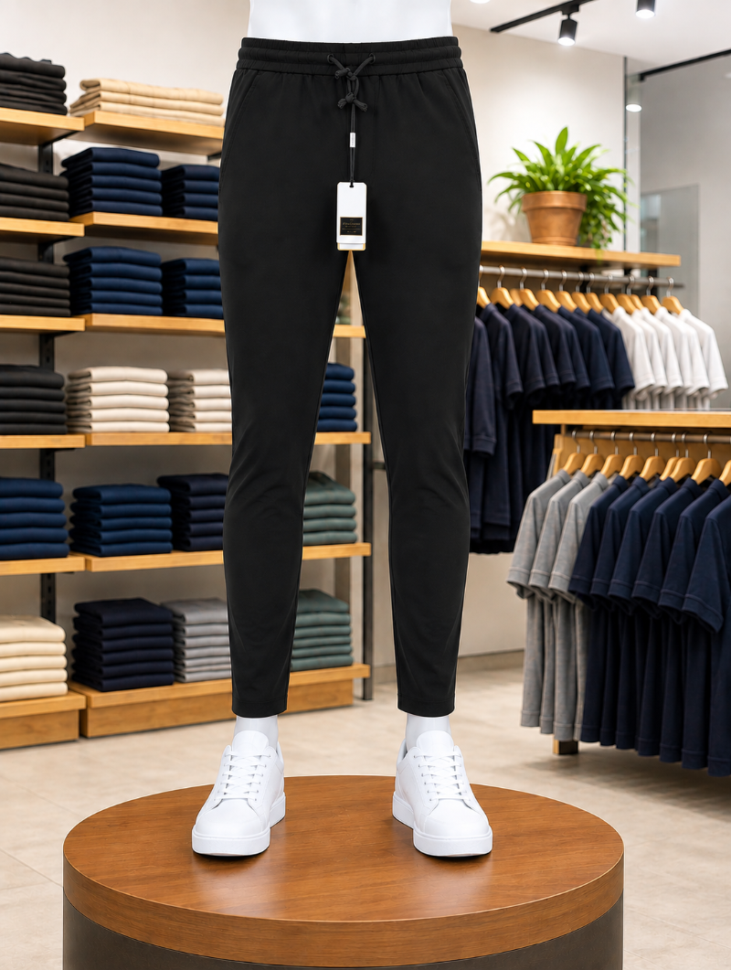 A Black stretchable lycra Trouser, 100% lyra dry fit, elastic waistband, premium zipper pockets, and stretchable fabric.